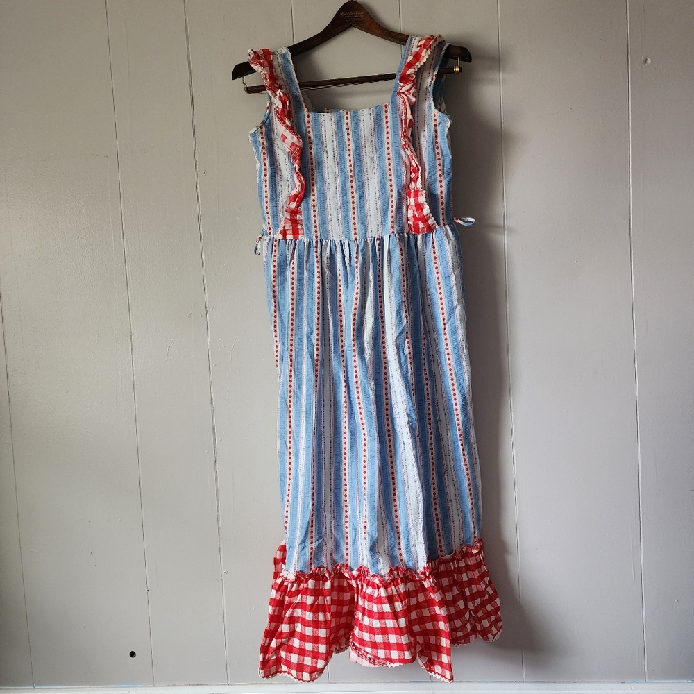 Vintage Shutterbug Prairie Picnic Dress Red Blue Checkered Ruffle Cottagecore S
